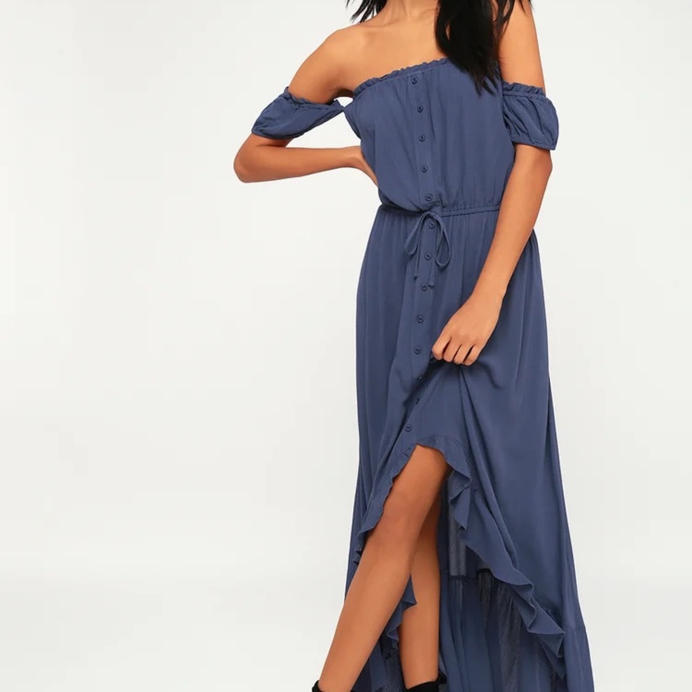 Lulu’s Natalia Denim Blue Off-the-Shoulder Highlow